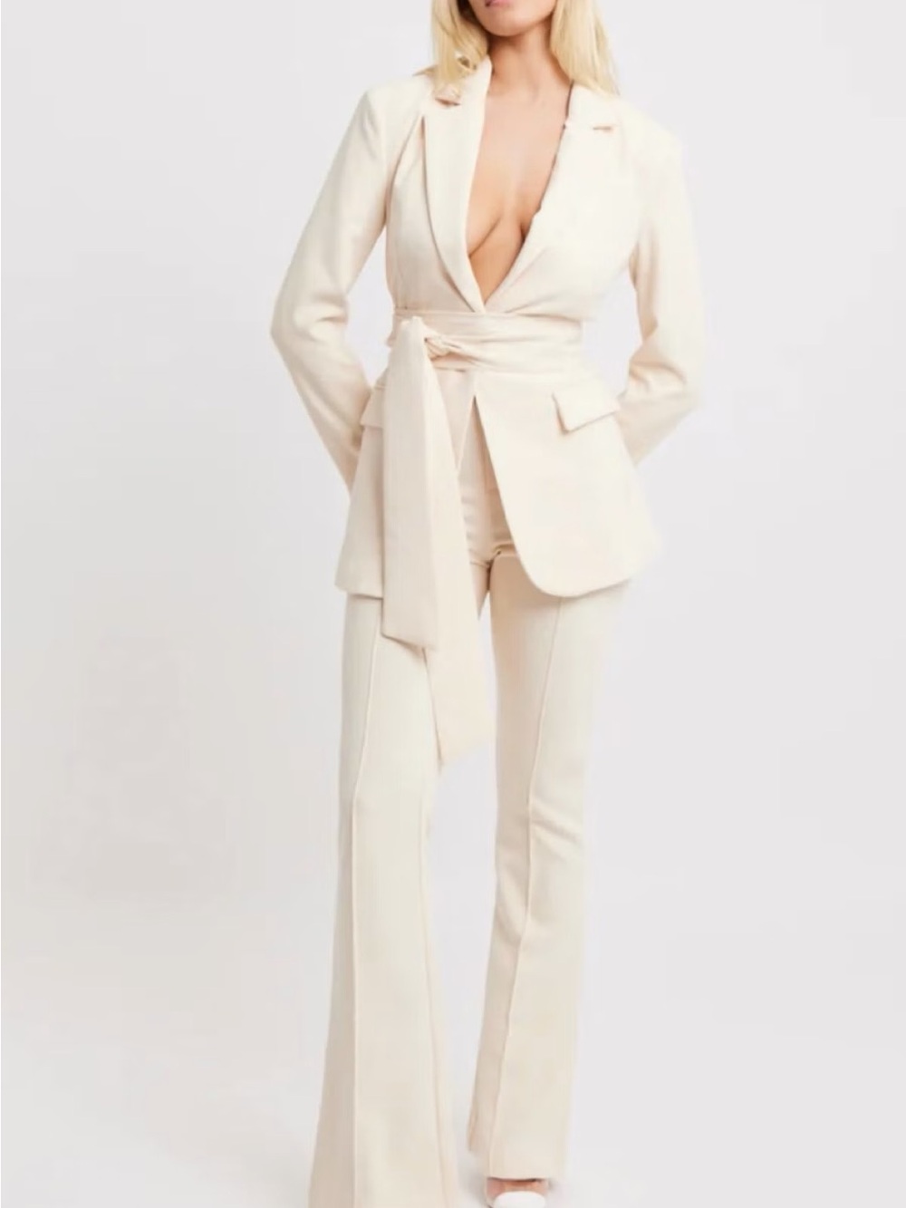 Tailored Cream Wrap Blazer with Matching Flare Pants